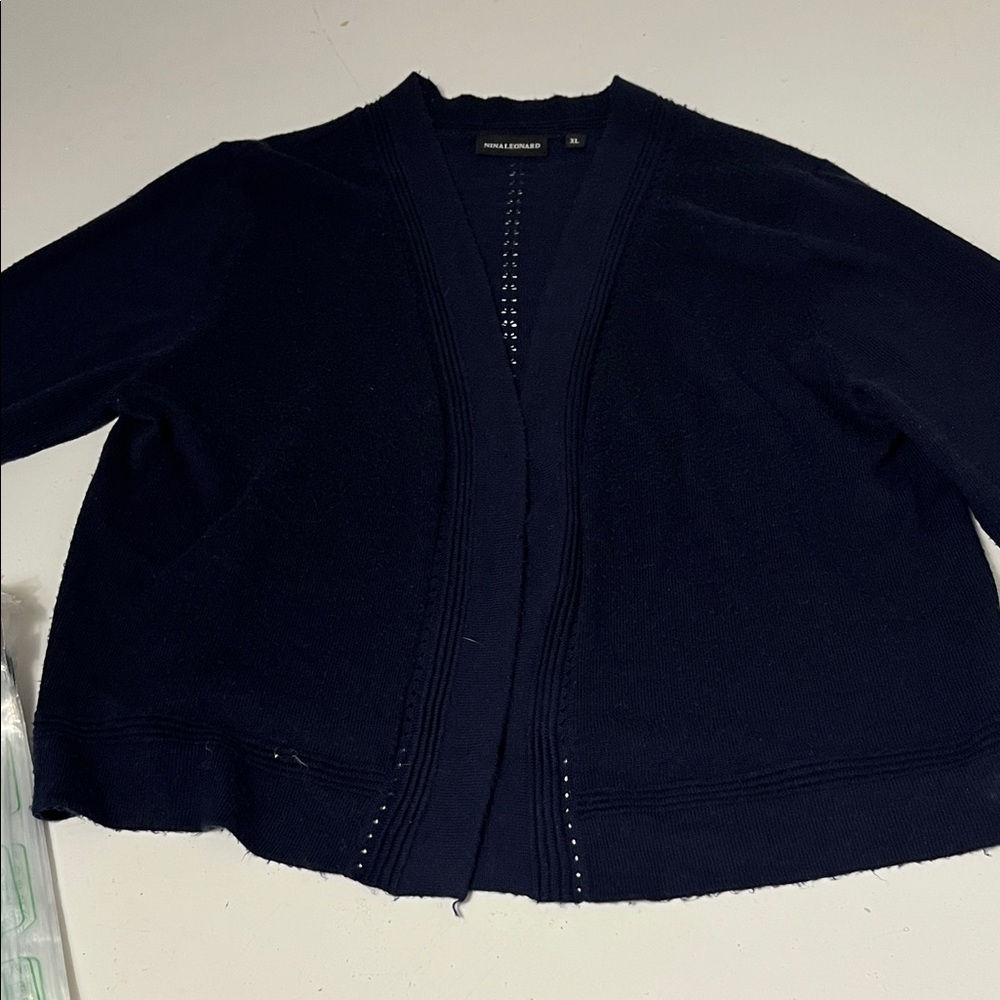 Vintage Nina Leonard XL Open Front Navy Blue Long Sleeve Cardigan